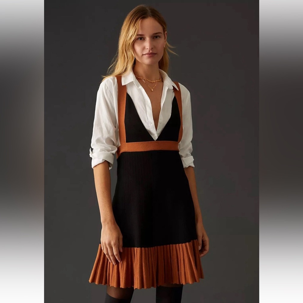 NWT Anthropologie V-Neck Pleated Knit Mini Dress Black-Brown Plus Size 1X